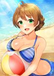  1girl absurdres ahoge ball bangs bare_shoulders beach beachball bikini blue_bikini blush braid breasts cleavage collarbone commentary_request day eyebrows_visible_through_hair green_eyes hair_between_eyes highres holding idolmaster idolmaster_million_live! idolmaster_million_live!_theater_days jai_(whany1998) large_breasts light_brown_hair looking_at_viewer o-ring ocean open_mouth sakuramori_kaori shiny shiny_hair smile solo sparkle striped striped_bikini sunlight swimsuit tan tanline tied_hair 