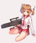  ahoge assault_rifle bad_id bad_pixiv_id bow brown_hair fangdan_runiu g11 gun hair_bow hidan_no_aria hidan_no_aria_aa looking_at_viewer mamiya_akari pleated_skirt purple_eyes rifle school_uniform shiny shiny_skin shoes short_hair sitting skirt sneakers solo trigger_discipline twintails weapon yokozuwari 