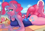  2015 anthro anthrofied beach candy clothing cloud cutie_mark earth_pony equine female food friendship_is_magic hair hi_res holding hooves horse lollipop long_hair lying mammal my_little_pony on_front one-piece_swimsuit outside pink_hair pinkie_pie_(mlp) pony seaside solo swimsuit the-unicorn-lord underhoove 