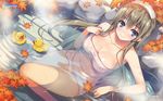  artist_name autumn_leaves blue_eyes blush breasts cleavage covered_nipples game-style grey_hair highres large_breasts leaf long_hair looking_at_viewer maple_leaf naked_towel onsen original rubber_duck see-through smile solo tomose_shunsaku towel towel_on_head wallpaper watermark wet_towel white_towel 
