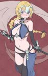  adapted_costume armor bare_shoulders bikini_armor black_gloves black_legwear black_panties blonde_hair blue_eyes blush braid breasts cameltoe cleavage elbow_gloves embarrassed fate/apocrypha fate_(series) flag gauntlets gloves headpiece jeanne_d'arc_(fate) jeanne_d'arc_(fate)_(all) large_breasts long_hair navel panties single_braid sketch smile solo thighhighs underwear utu_(ldnsft) very_long_hair 