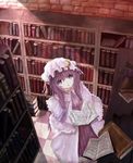 :o book bookshelf brick checkered checkered_floor crescent hair_ribbon hat highres library long_hair looking_up patchouli_knowledge perspective purple_eyes purple_hair reading ribbon shippu_man solo touhou voile 