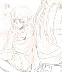  back bad_id bad_pixiv_id bare_shoulders blush hoshiguma_yuugi jingo_kajiki long_hair mizuhashi_parsee monochrome multiple_girls nude pointy_ears short_hair sitting sketch touhou towel translated wet 