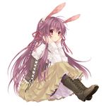  :3 alternate_costume alternate_hairstyle animal_ears boots braid bunny_ears chin_rest contemporary full_body light_smile long_hair pantyhose purple_hair red_eyes reisen_udongein_inaba sakura_neko simple_background sitting smile solo touhou twin_braids twintails 