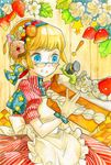  1girl apron blonde_hair blue_eyes cake dress food food_as_clothes fruit glasses k_ototo original pastry solo strawberry worms 