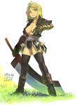  blonde_hair boots breasts cleavage crown fantasy_earth_zero fbc green_eyes large_breasts open_clothes open_shirt shirt solo sword thighhighs weapon 