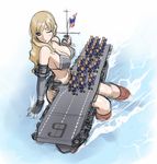  aircraft aircraft_carrier airplane america american_flag bad_id bad_pixiv_id bikini blonde_hair blue_eyes blush breasts cleavage elbow_gloves fingerless_gloves giantess gloves large_breasts long_hair mecha_musume military military_vehicle minigirl one_eye_closed original sano_toshihide ship solo swimsuit underboob uss_enterprise_(cv-6) warship water watercraft 