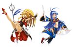  blonde_hair blue_hair fan fingerless_gloves flat_chest gloves highres horn long_hair multiple_girls red_eyes ribbon strapless super_robot_wars super_robot_wars_og_saga_mugen_no_frontier suzuka_hime tomoyohi tubetop xiaomu yellow_eyes 