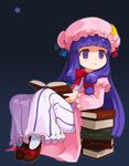  :&lt; bad_id bad_pixiv_id book crescent hair_ribbon hat long_hair patchouli_knowledge purple_eyes purple_hair ran_system reading ribbon shoes solo star touhou 