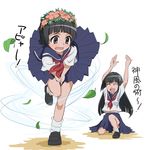  arms_up black_hair blush brown_eyes closed_eyes flower hair_flower hair_ornament head_wreath kayaku_(banban) leaf loafers long_hair loose_socks multiple_girls one_knee open_mouth sakugawa_school_uniform saten_ruiko school_uniform serafuku shoes short_hair skirt skirt_flip skirt_lift smile socks to_aru_kagaku_no_railgun to_aru_majutsu_no_index translated uiharu_kazari wind wind_lift 