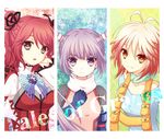  blue_shirt brown_eyes brown_hair cheria_barnes copyright_name elbow_gloves gloves hair_ribbon kai_aki multicolored_hair multiple_girls pascal purple_eyes purple_hair red_hair ribbon shirt short_hair smile sophie_(tales) tales_of_(series) tales_of_graces twintails two-tone_hair two_side_up yellow_eyes 