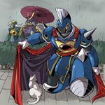  arm_at_side bush cape cape_lift cat centaurman knight knightman lowres multiple_boys one_knee oriental_umbrella outdoors outstretched_arm pavement rain red_cape rockman rockman_(classic) running_bond seiryu_keita shared_cape umbrella wet yamatoman 