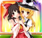  bad_id bad_pixiv_id blonde_hair brown_eyes brown_hair detached_sleeves hakurei_reimu highres kirisame_marisa microphone multiple_girls touhou yellow_eyes yoshimo 