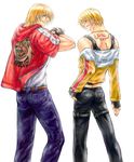  blonde_hair blue_eyes fatal_fury garou king_of_fighters kof male male_focus mark_of_the_wolves red_eyes rock_howard snk terry_bogard 