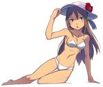  :o arm_support armpits bad_id bad_pixiv_id barefoot bikini blue_eyes breasts brown_hair cleavage hat long_hair looking_at_viewer medium_breasts original solo swimsuit tam-u thigh_gap 