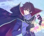  bad_id bad_pixiv_id brown_hair cape code_geass cravat flower gloves green_eyes head_wreath holding kururugi_suzaku long_sleeves looking_back male_focus mayumika solo spoilers zero_(code_geass) 