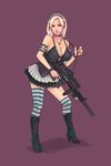  alva assault_rifle blonde_hair boots breasts cleavage full_body gun hands high_heels highres jewelry large_breasts legs lips long_hair nail_polish necklace original purple_eyes red_nails rifle scope shoes simple_background skirt solo standing striped striped_legwear suppressor thighhighs trigger_discipline vertical_foregrip weapon 