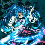  bad_id bad_pixiv_id blue_eyes blue_hair bow dress evil_grin evil_smile furudo_erika grin hair_ornament holding holding_scythe long_hair pink_bow rihhi scythe smile solo twintails umineko_no_naku_koro_ni 