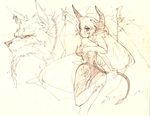  ass bad_id bad_pixiv_id brown fang horns izuru_(timbermetal) long_hair looking_back monochrome monster monster_girl original pointy_ears sketch solo tail traditional_media yellow_background 