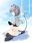  animal_ears ass blush feet grey_hair looking_back mouse_ears mouse_tail nazrin ogami_kazuki panties red_eyes short_hair socks solo striped striped_panties tail touhou translated underwear 