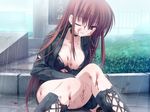  blood boots bra breasts choker cleavage empty_x_embryo game_cg grass jacket jpeg_artifacts katana kifune_mio kobuichi large_breasts lingerie long_hair miniskirt one_eye_closed rain red_eyes red_hair ribbon sitting skirt smile solo sword torn_clothes underwear weapon 