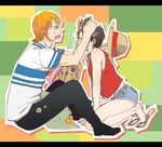  1girl blush brown_hair food fruit genderswap genderswap_(ftm) genderswap_(mtf) hairdressing hat luffyko map nami_(one_piece) one_piece orange orange_hair renjou sandals short_hair short_shorts shorts straw_hat tony_tony_chopper 