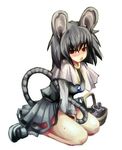  animal_ears bad_id bad_pixiv_id basket blush grey_hair implied_masturbation kneeling mouse mouse_ears mouse_tail nazrin pi_kuro red_eyes short_hair solo sweat tail touhou 