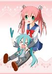  &gt;_&lt; chibi chibi_miku closed_eyes hatsune_miku minami_(colorful_palette) multiple_girls original sakura_koiro spring_onion thighhighs twintails vocaloid 