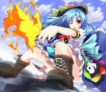  ;p blue_hair boots food fruit hat hinanawi_tenshi long_hair one_eye_closed peach red_eyes solo sword sword_of_hisou tongue tongue_out touhou weapon yamu_(yamuyama_web) 