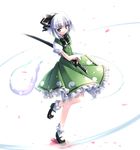  black_hairband bow green_eyes hair_ribbon hairband katana konpaku_youmu konpaku_youmu_(ghost) petals ready_to_draw ribbon sheath sheathed short_hair silver_hair solo sword touhou usume_shirou weapon 