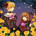  bad_id bad_pixiv_id beatrice blonde_hair blue_eyes bow brown_hair choker crown dress fang flower hoe_satsuki maria_(umineko) multiple_girls pink_bow purple_eyes rose staff umineko_no_naku_koro_ni yellow_flower yellow_rose 