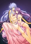  1boy 1girl ass athena athena_(saint_seiya) bare_shoulders bed blue_eyes blush breasts couple covering covering_breasts gemini_saga hug kido_saori kidou_saori knees large_breasts legs long_hair lying naked no_panties nude nude_cover purple_eyes purple_hair saint_seiya saori_kido see-through sideboob silver_hair sitting thighs uncensored violet_eyes 