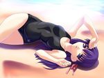  alternate_costume arm_up bangs beach black_school_swimsuit black_swimsuit breasts clenched_hands crossed_legs day fate/stay_night fate_(series) from_above hair_ribbon long_hair looking_at_viewer lying matou_sakura norizou_type-r ocean on_back on_ground one-piece_swimsuit outdoors parted_lips purple_eyes purple_hair ribbon school_swimsuit small_breasts solo swimsuit water 