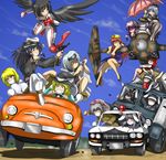  6+girls aircraft airplane alice_margatroid animal_ears arsene_lupin_iii arsene_lupin_iii_(cosplay) black_wings blonde_hair bunny_ears camera car castle_of_cagliostro cosplay driving fiat fiat_500 flying fujiwara_no_mokou green_jacket grin ground_vehicle gun hakurei_reimu handgun highres hong_meiling inaba_tewi ishikawa_goemon_xiii ishikawa_goemon_xiii_(cosplay) izayoi_sakuya jacket jigen_daisuke jigen_daisuke_(cosplay) junkei katana kirisame_marisa koakuma konpaku_youmu left-hand_drive lupin_iii motor_vehicle multiple_boys multiple_girls necktie parody patchouli_knowledge police police_car reisen_udongein_inaba remilia_scarlet revolver shameimaru_aya sheath smile swat sword through_window touhou truck umbrella unsheathing weapon white_neckwear wings 