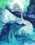  aqua_hair blue_eyes copyright_request dragon dress fantasy long_hair machi555 monster nature smile solo tree 