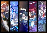  animal_ears blue_hair bunny_ears column_lineup feathers hat hinanawi_tenshi multiple_girls nagae_iku nichimatsu_seri onozuka_komachi purple_hair red_eyes red_hair reisen_udongein_inaba scythe shameimaru_aya touhou two_side_up 