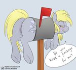  2015 absurd_res anus blonde_hair cutie_mark derpy_hooves_(mlp) english_text equine friendship_is_magic fur glo-in-the-dark grey_fur hair hi_res lol_comments looking_at_viewer mailbox mammal my_little_pony pegasus pussy stuck teeth text wings wodahseht 