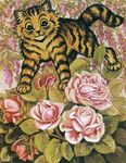 ambiguous_gender brown_fur cat cub digitigrade feline feral flower fur license_info louis_wain mammal nude plant public_domain quadruped rose solo standing striped_fur stripes traditional_media_(artwork) whiskers yellow_eyes young 