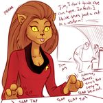  :3 anthro breasts brown_fur brown_hair caitian cat cleavage clothed clothing derp dialogue english_text faceless_male feline female fur group hair human m&#039;ress male mammal plagueofgripes solo_focus star_trek text tongue tongue_out yellow_eyes 