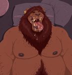  areola bed body_hair chest_hair chubby dramamine feline happy_trail lion male mammal muscular nude open_mouth overweight saliva solo tongue tongue_out 
