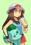  2015 ambiguous_gender bulbasaur clothed clothing drink female feral hat human leaf_(pok&eacute;mon) mammal nintendo pok&eacute;mon pok&eacute;mon_trainer red_eyes simple_background skirt video_games yoyoyokikana_(artist) 