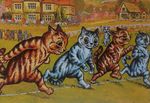  ambiguous_gender audience biped blue_fur brown_fur cat detailed_background digitigrade feline fur grass group house license_info louis_wain mammal nude outside painting_(artwork) public_domain race running semi-anthro standing traditional_media_(artwork) whiskers yellow_eyes 