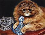 age_difference ambiguous_gender brown_fur cat cub duo feline feral fluffy fur grey_fur inner_ear_fluff license_info looking_at_viewer louis_wain mammal nude public_domain sculpture shaded simple_background size_difference traditional_media_(artwork) whiskers yellow_eyes young 