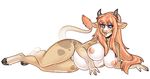  2015 areola big_breasts blue_eyes bovine breasts cattle chubby digital_media_(artwork) female hair hilda hooves lying mammal nipples on_side open_mouth orange_hair pussy simple_background solo white_background xenthyl 