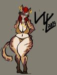  2015 amputee blue_eyes breasts cleavage clothed clothing feline female fur hair hand_on_hip khajiit long_hair mammal red_hair simple_background skyrim solo the_elder_scrolls thick_thighs tongue video_games wide_hips wolflance 