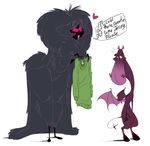  &lt;3 anthro bent_over big_breasts breasts clothing cryptid duo english_text female fluffy fur grey_fur grey_hair hair hooves jersey_devil lipstick long_hair male mature_female monster mothman open_mouth pink_eyes slb speech_bubble standing sweater text wide_hips wings 