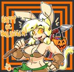 abs animal_humanoid blonde_hair blush breasts candy cat_humanoid claws clothed clothing cosplay feline female fingerless_gloves food gloves hair halloween holidays humanoid mammal melee_weapon midriff muscular muscular_female open_mouth pcaduck polearm slit_pupils snowy_(pcaduck) solo spear weapon 