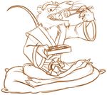  4_fingers anthro balls bottomless claws clothed clothing eating food half-dressed male mammal rat rodent sheath sketch solo splinter sushi tagme teenage_mutant_ninja_turtles weaselgrease 