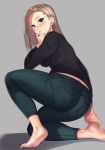  absurdres ass barefoot black_sweater blonde_hair breasts commentary_request from_behind green_eyes green_pants grey_background highres kagematsuri long_hair original pants parted_hair parted_lips shadow solo squatting sweater 
