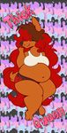  anthro belly big_belly breasts brown_fur brown_hair female fur grin hair razzlespup red_hair solo 